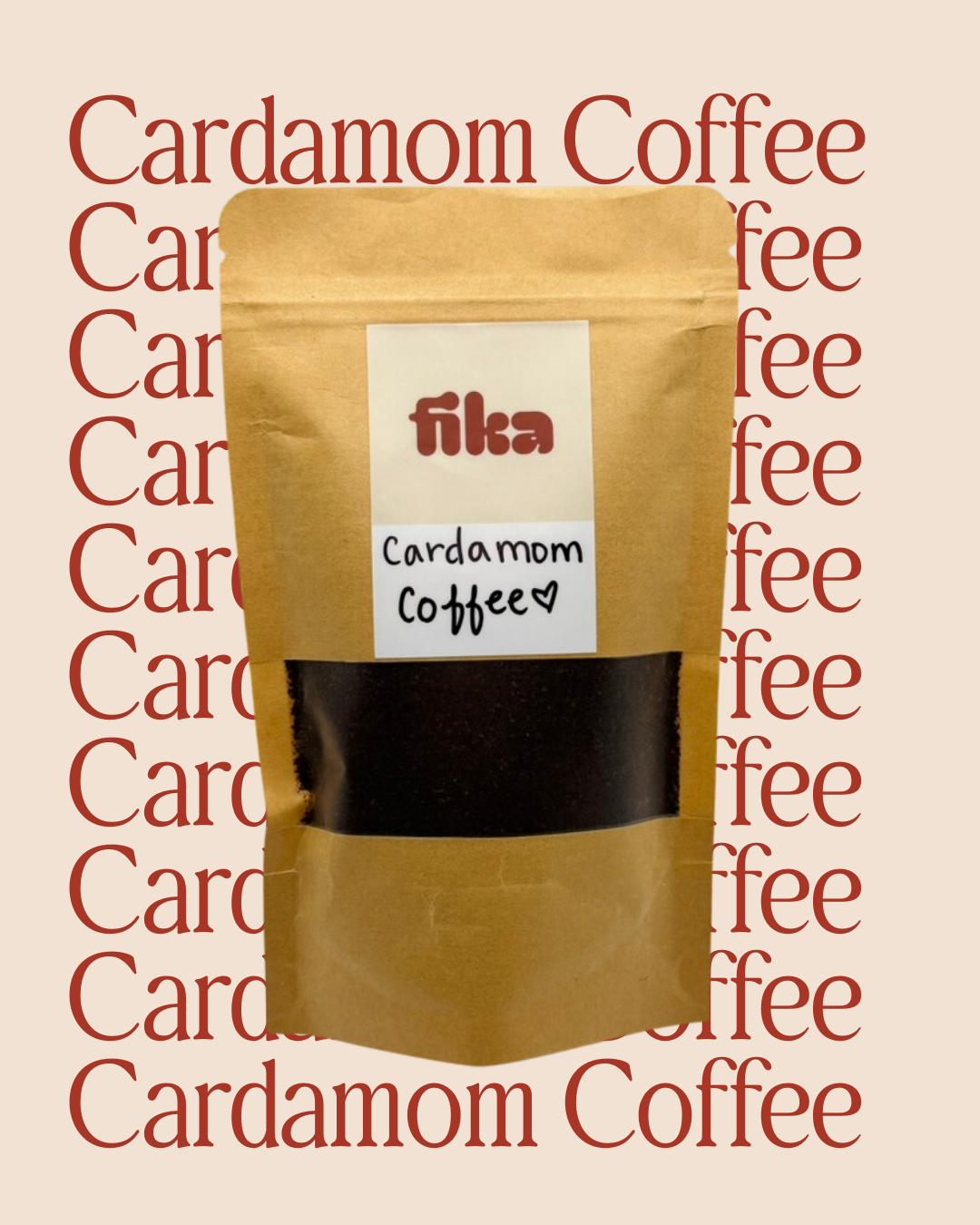 Kraft paper coffee bag with 'fika' brand on a beige background with 'Cardamom Coffee' text.
